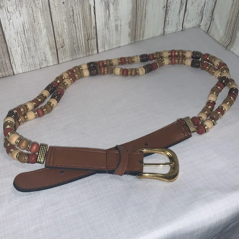 Vintage Double Strand Beaded Leather Belt Size Medium‎